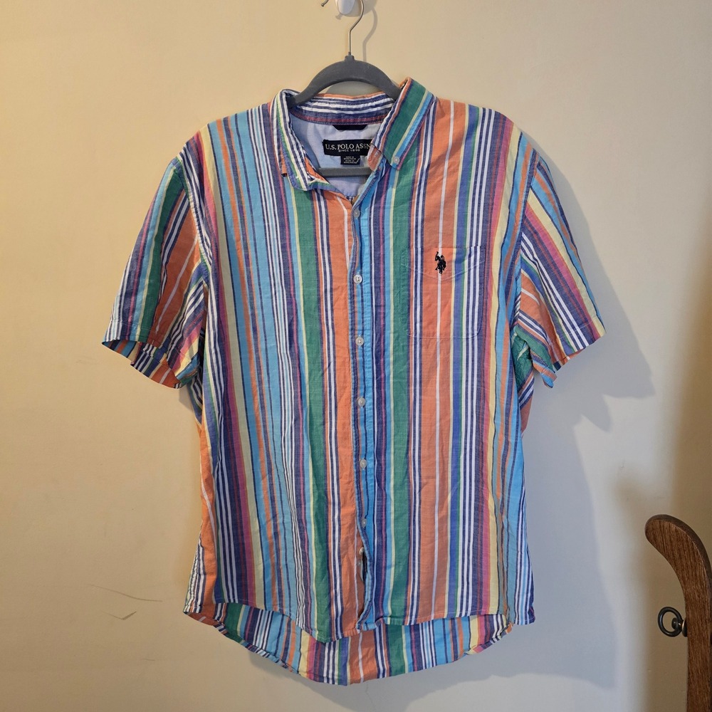 US Polo Assn Mens Large Short Sleeve Button Down Shirt Multi Color Stripe Cotton